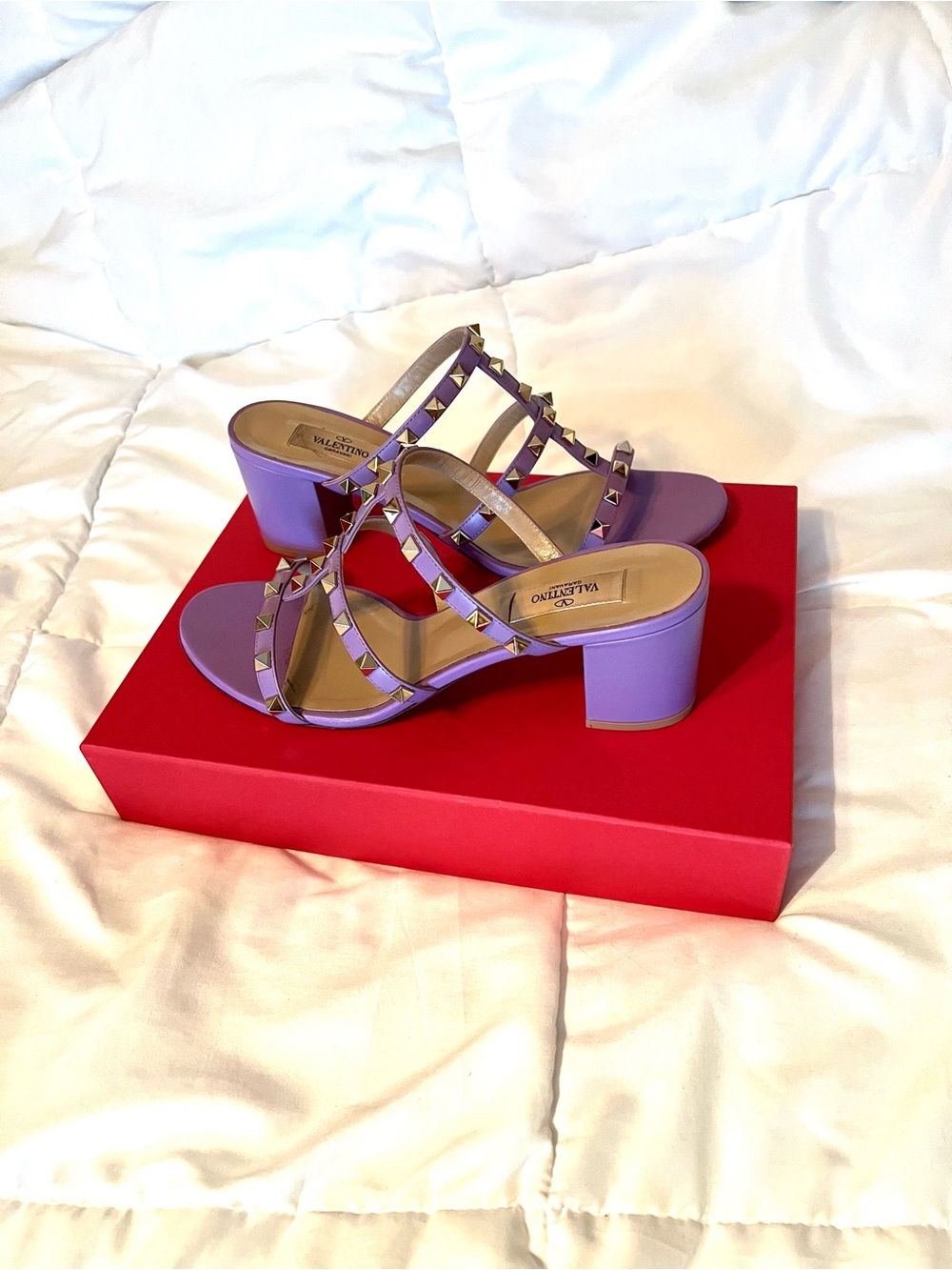 Valentino Lavender Rockstud Leather Block Heel Mules